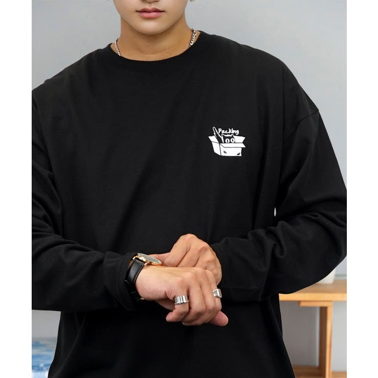 ブラック-ネコ2 | ワイドシルエット ワンポイント長袖Tシャツ ロンT | GROOVY STORE