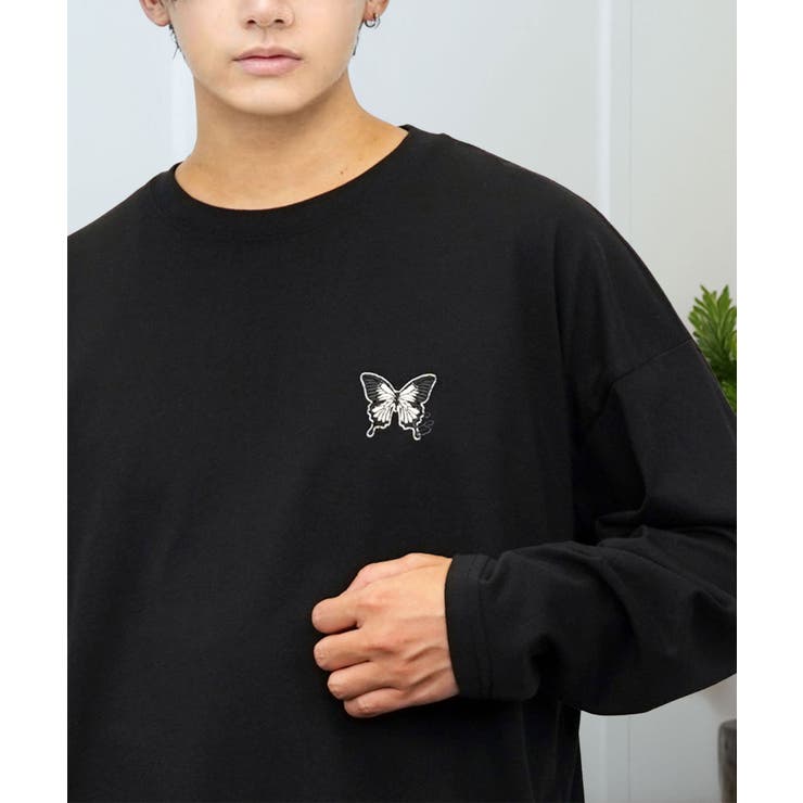 ブラック-バタフライ | ワイドシルエット ワンポイント長袖Tシャツ ロンT | GROOVY STORE