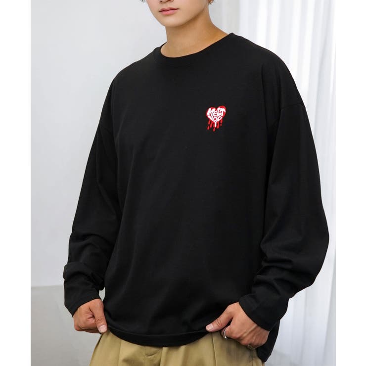ブラック-ハート2 | ワイドシルエット ワンポイント長袖Tシャツ ロンT | GROOVY STORE