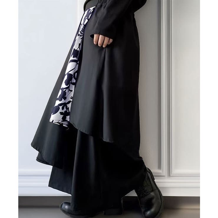 ブラック-2 | ルーズシルエット ワイドパンツ レイヤード ドレープ 袴 パンツ | GROOVY STORE