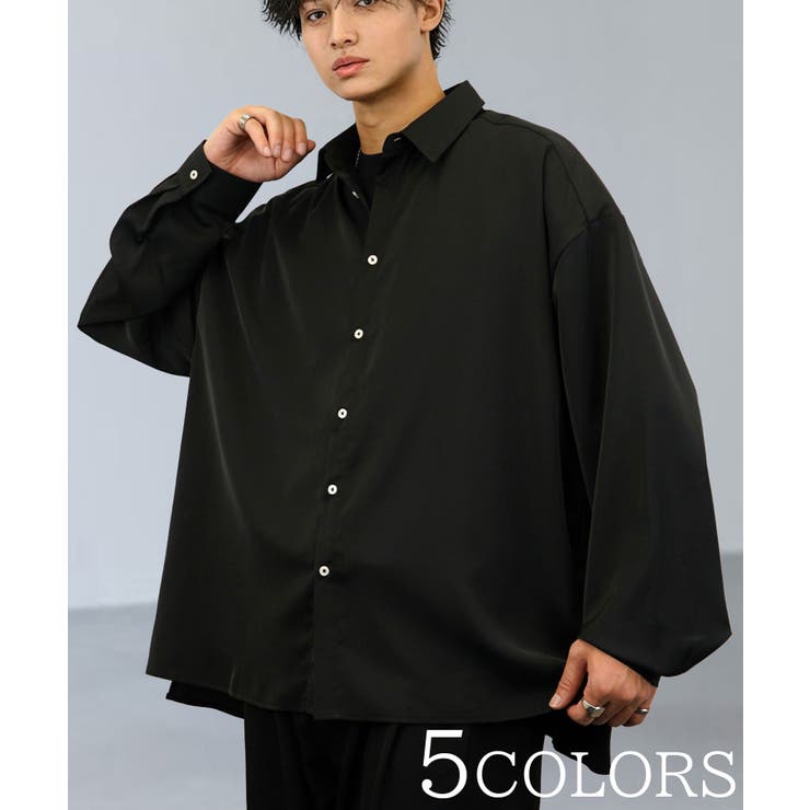 ブラック | ルーズ ドレープ 無地 長袖シャツ バルーン袖 レギュラーカラー シャツ | GROOVY STORE