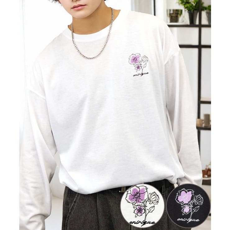ホワイト系-フラワー | 【ワイド】長袖Tシャツ ロンｔワンポイント カジュアル キレイめ | GROOVY STORE