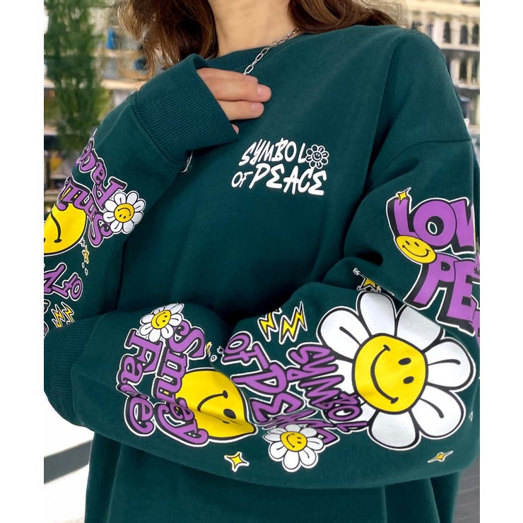 2種のﾃﾞｻﾞｲﾝ【SMILEY FACE】オーバーサイズ スマイル スウェット トレーナー 裏起毛 袖プリント #キャラクター ＃グラフィック