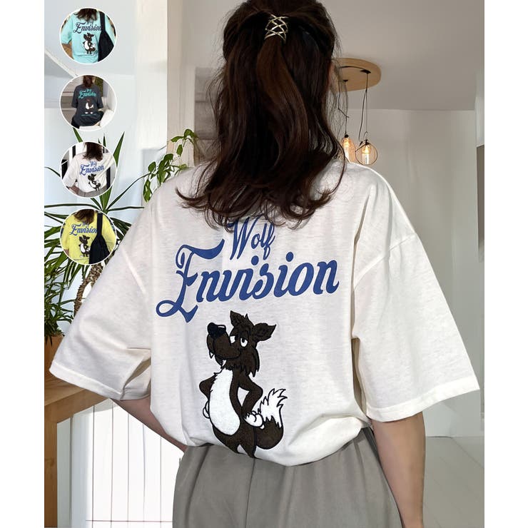 オフホワイト-ウルフ | ワイド Tシャツ サガラ刺繍 Tシャツ 半袖 アニマル ロゴ キャラクターT | GROOVY STORE