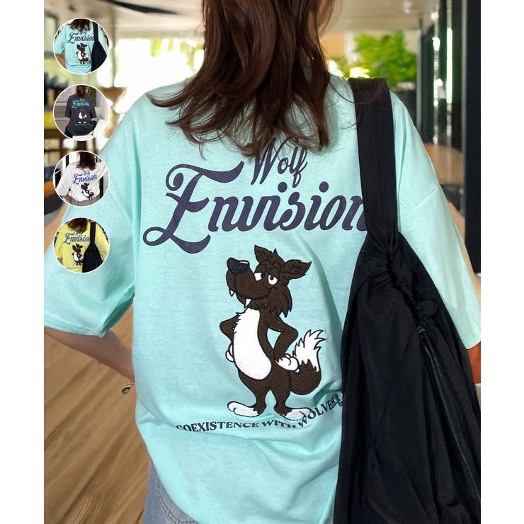 ミント-ウルフ | ワイド Tシャツ サガラ刺繍 Tシャツ 半袖 アニマル ロゴ キャラクターT | GROOVY STORE
