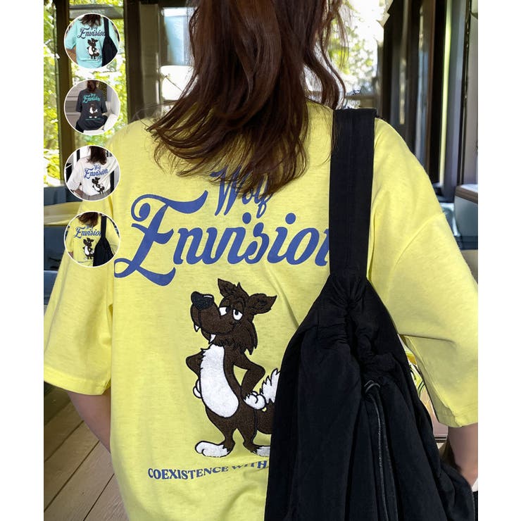 イエロー-ウルフ | ワイド Tシャツ サガラ刺繍 Tシャツ 半袖 アニマル ロゴ キャラクターT | GROOVY STORE