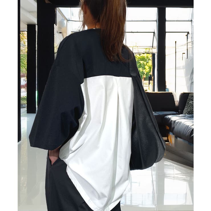 【オーバーサイズ】シャツ切替 Tシャツ半袖 ジョーゼット #無地 | GROOVY STORE | 詳細画像2 