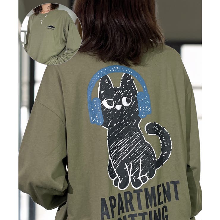 オリーブ | 【ワイド】黒ネコ ロンｔ 長袖Tシャツ ワンポイント  | GROOVY STORE