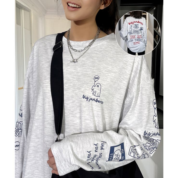 ホワイト系 | 【袖ロゴ】オバケプリント ロンｔ 長袖Tシャツ ワンポイント グラフィックt | GROOVY STORE