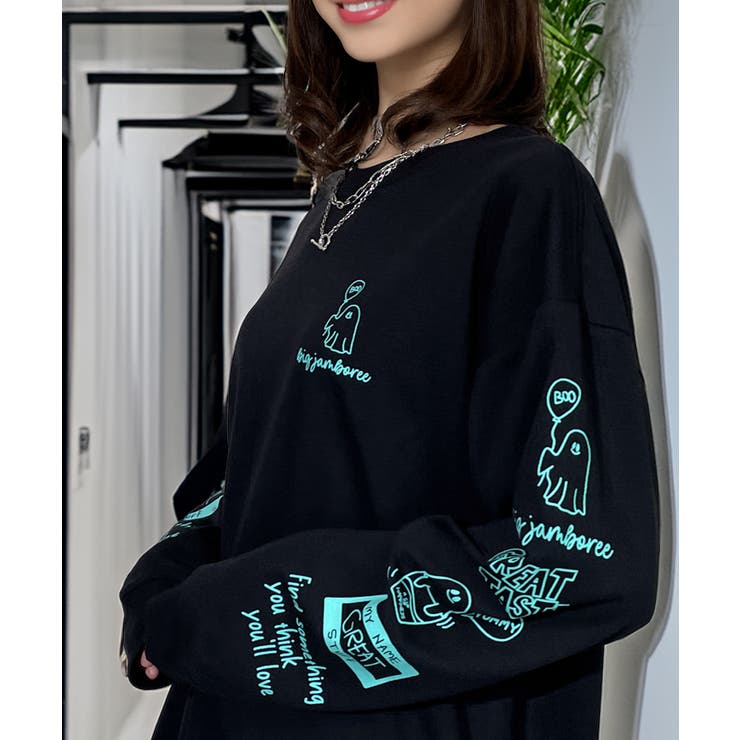 【袖ロゴ】オバケプリント ロンｔ 長袖Tシャツ ワンポイント グラフィックt | GROOVY STORE | 詳細画像3 