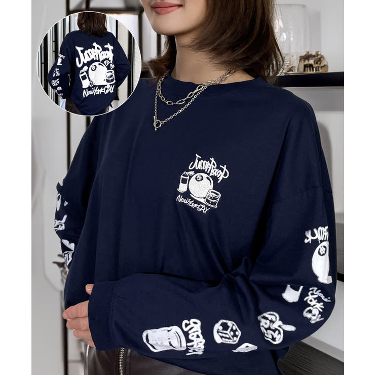 ネイビー | スプレー風プリント ロンｔ 長袖Tシャツ | GROOVY STORE