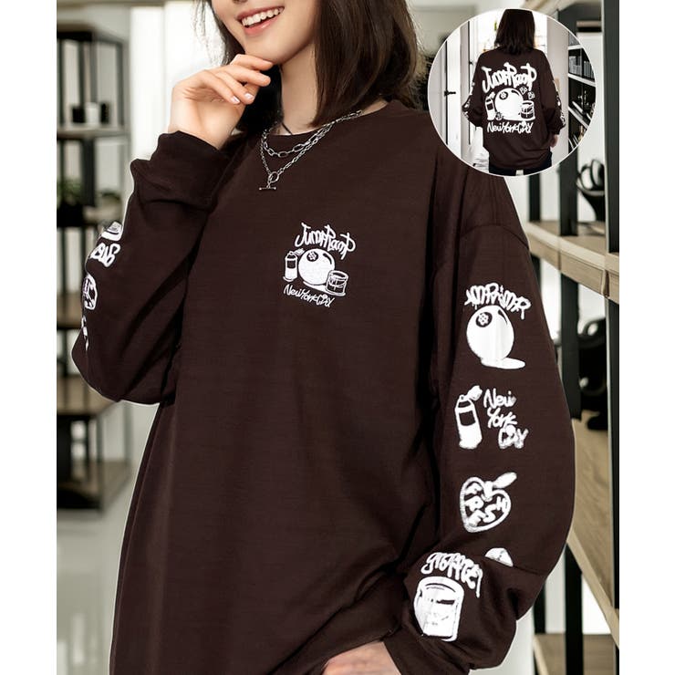 ブラウン | スプレー風プリント ロンｔ 長袖Tシャツ | GROOVY STORE