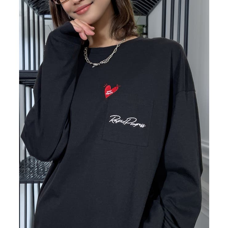 ハート プリント ロンｔ 長袖Tシャツ 刺繍 ワンポイント グラフィックt | GROOVY STORE | 詳細画像4 