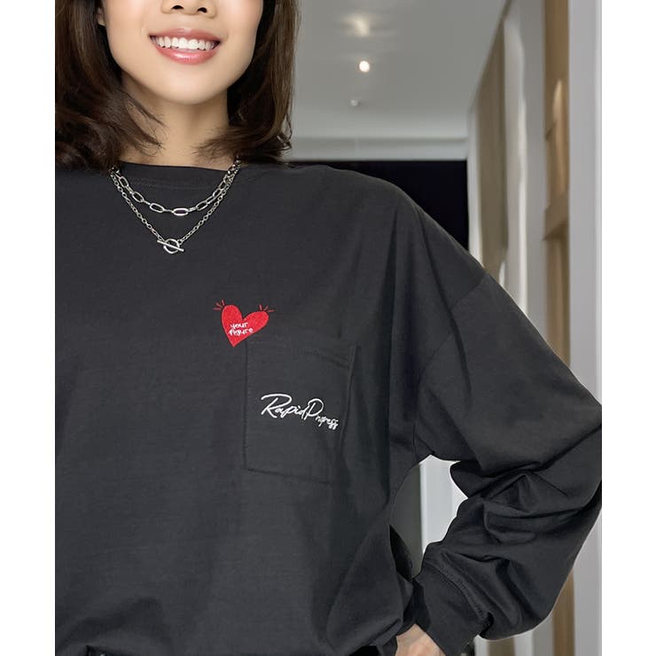 ハート プリント ロンｔ 長袖Tシャツ 刺繍 ワンポイント グラフィックt | GROOVY STORE | 詳細画像7 