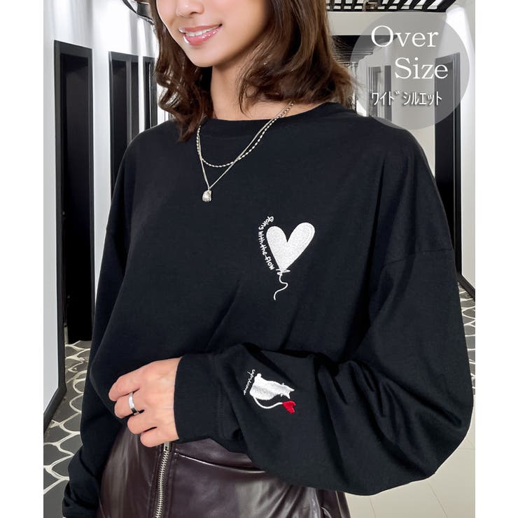 ブラック-2 | ハート 2か所刺繍 長袖Tシャツ 白 黒 ロンT | GROOVY STORE