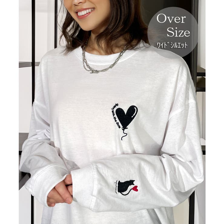 ホワイト-2 | ハート 2か所刺繍 長袖Tシャツ 白 黒 ロンT | GROOVY STORE
