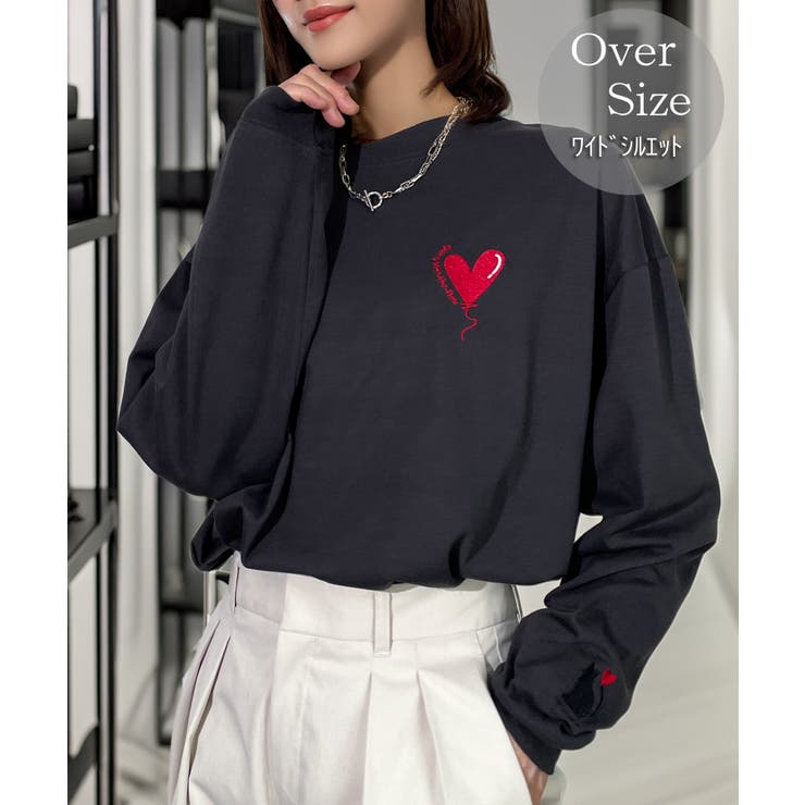 ブラック系-2 | ハート 2か所刺繍 長袖Tシャツ 白 黒 ロンT | GROOVY STORE