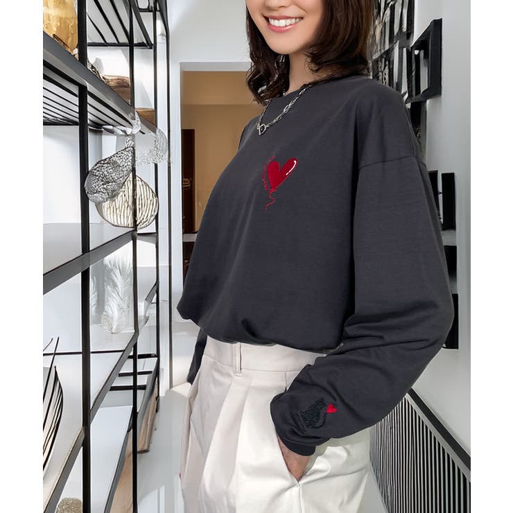 ハート 2か所刺繍 長袖Tシャツ 白 黒 ロンT | GROOVY STORE | 詳細画像13 