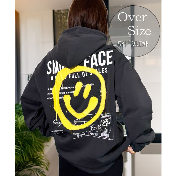 ブラック系-スマイル | パーカー 裏起毛 グラフィック スウェット パーカ スマイル クマ | GROOVY STORE