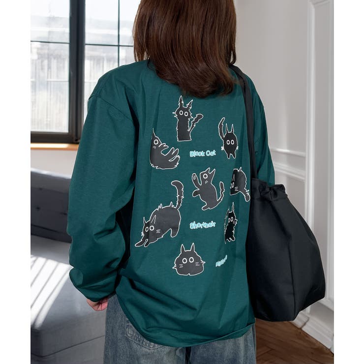 黒ネコ ロンT 刺繍 ストレッチ 長袖 Tシャツ