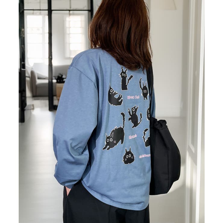 黒ネコ ロンT 刺繍 ストレッチ 長袖 Tシャツ