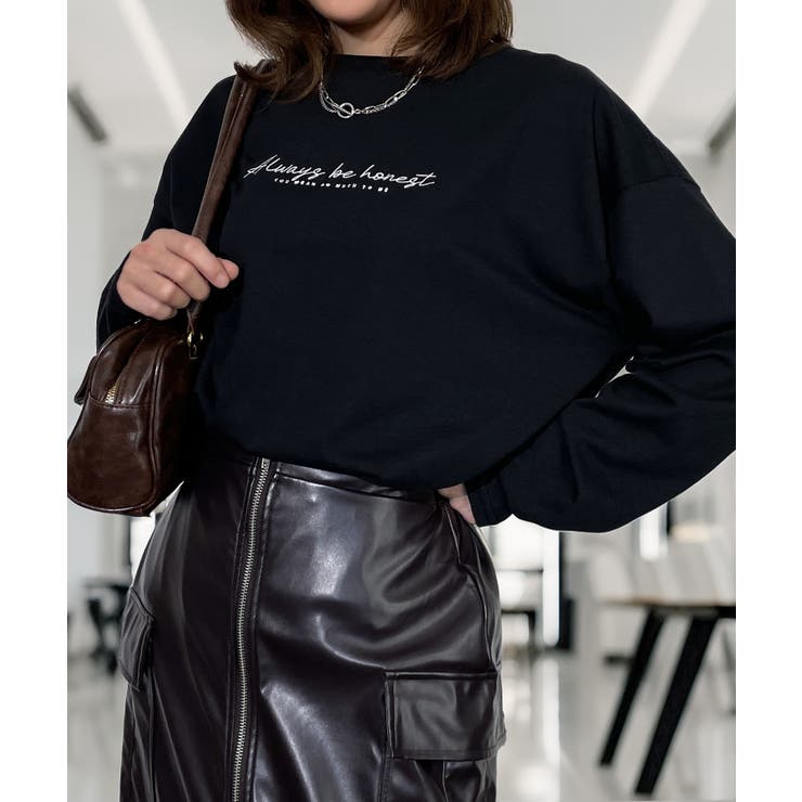 ブラック-1 | 【ワイド】刺繍 長袖Tシャツ ロンｔワイド ワンポイント  | GROOVY STORE