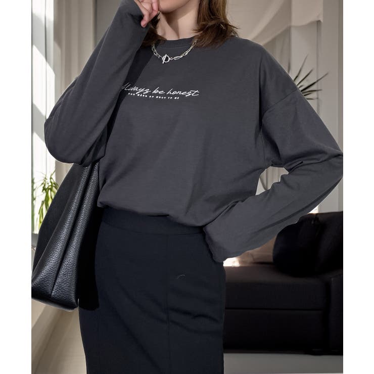 ブラック系-1 | 【ワイド】刺繍 長袖Tシャツ ロンｔワイド ワンポイント  | GROOVY STORE