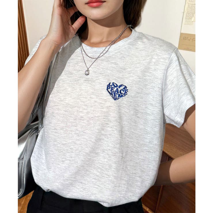 シロ杢-ハート | 【刺繍】ワンポイント Tシャツ半袖 グラフィック ロゴ ハート ベア | GROOVY STORE