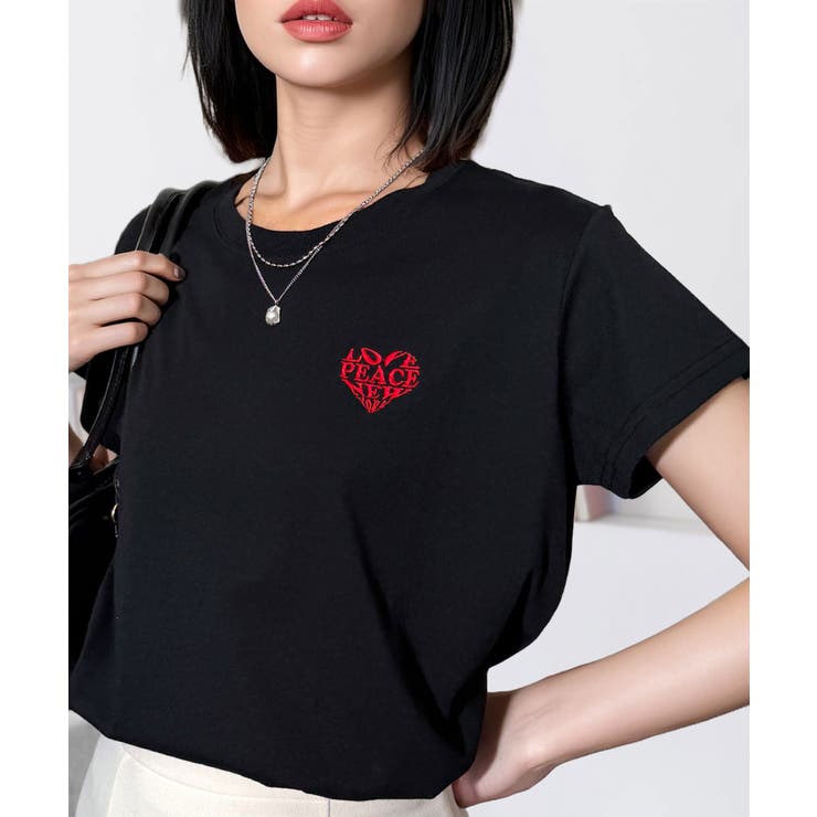 ブラック-ハート | 【刺繍】ワンポイント Tシャツ半袖 グラフィック ロゴ ハート ベア | GROOVY STORE