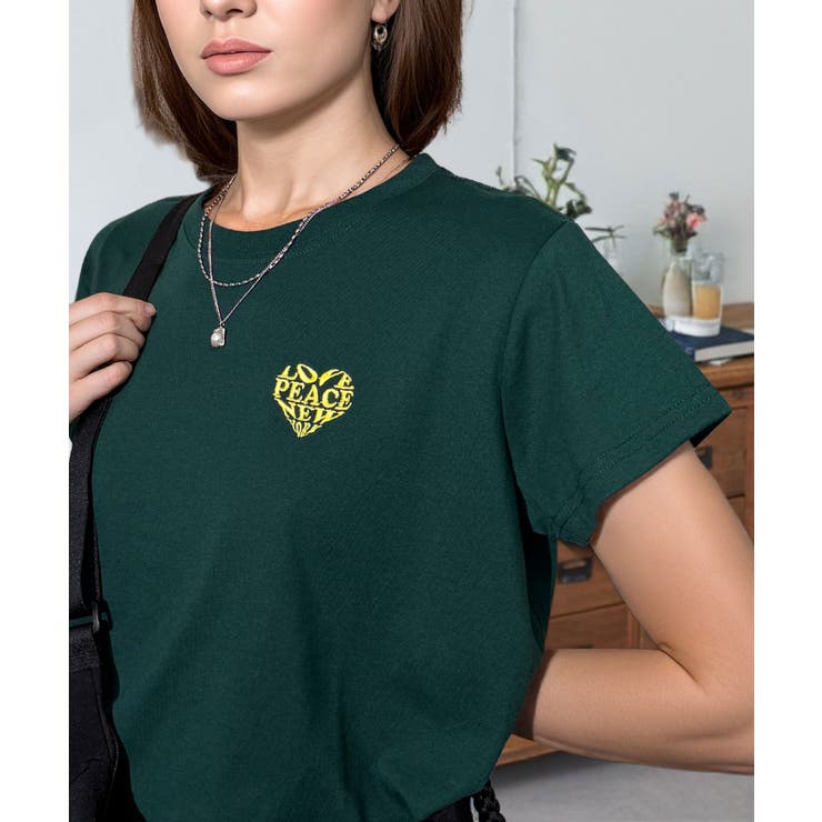 グリーン-ハート | 【刺繍】ワンポイント Tシャツ半袖 グラフィック ロゴ ハート ベア | GROOVY STORE