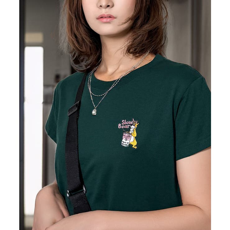 グリーン-ベア | 【刺繍】ワンポイント Tシャツ半袖 グラフィック ロゴ ハート ベア | GROOVY STORE