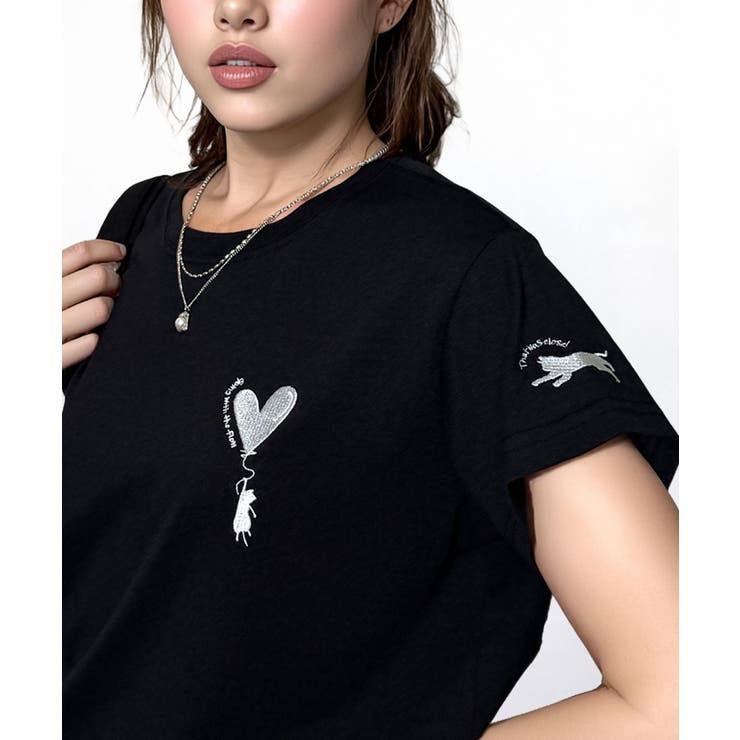 ブラック-ネコ風船 | 【刺繍】ワンポイント Tシャツ半袖 グラフィック | GROOVY STORE