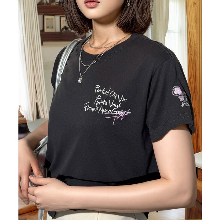 ブラック系 | 【刺繍】ワンポイント Tシャツ半袖 グラフィック フラワー ロゴ 袖刺繍 | GROOVY STORE