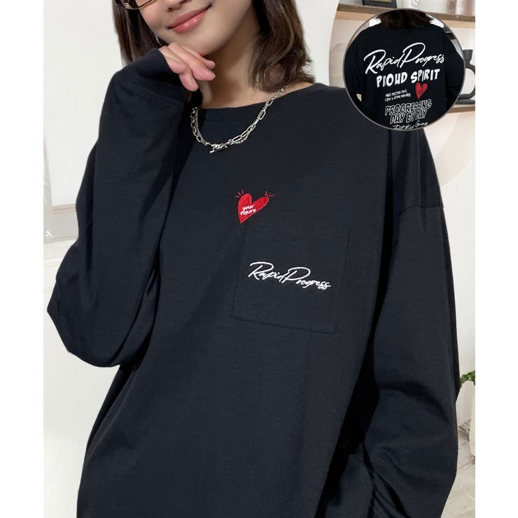 ブラック-ハート | グラフィック プリント ロンｔ モード 長袖Tシャツ | GROOVY STORE