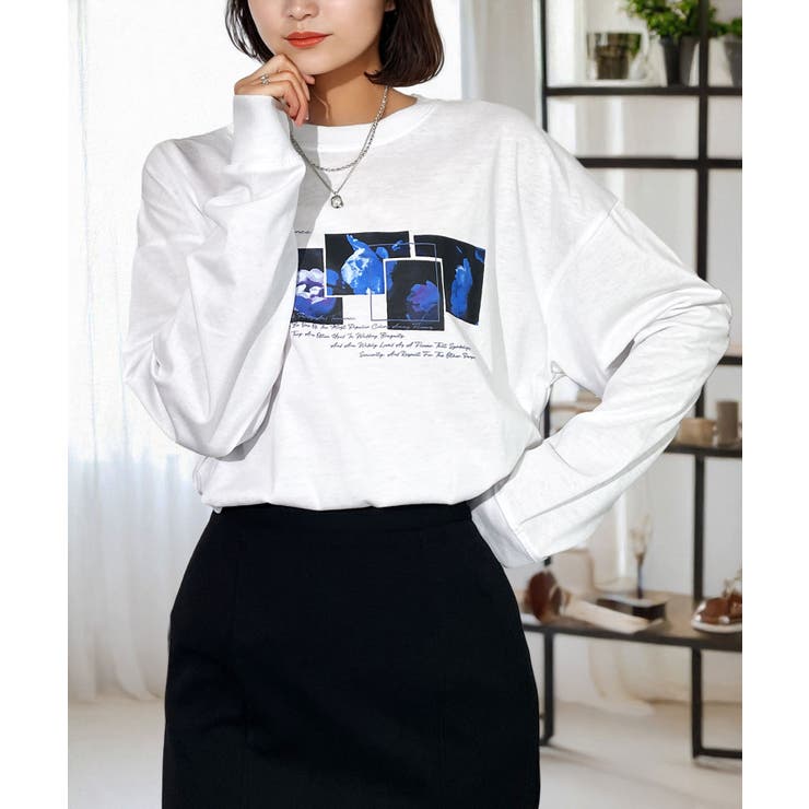 ホワイト-フラワー | グラフィック プリント ロンｔ 長袖Tシャツ ワンポイント | GROOVY STORE