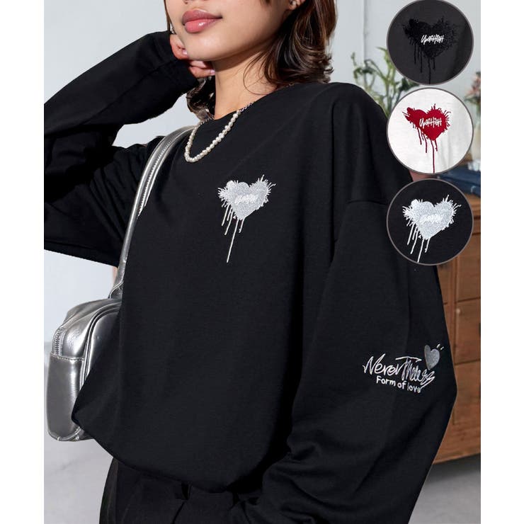 ブラック-1 | ハート 2か所刺繍 長袖Tシャツ 白 黒 ロンT | GROOVY STORE