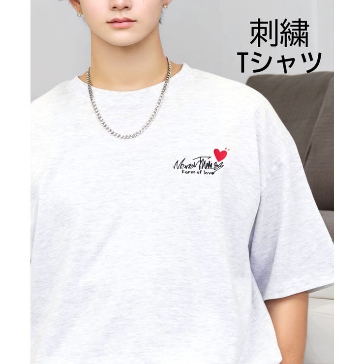 シロ杢-ハート | 【刺繍】ワンポイント Tシャツ半袖 ロゴ ワイド サークル ハート | GROOVY STORE