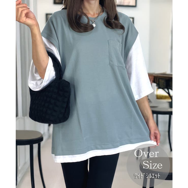 ブルー | 【ゆったりサイズ】ジョーゼット ベスト風 Tシャツ #無地 Tシャツ | GROOVY STORE