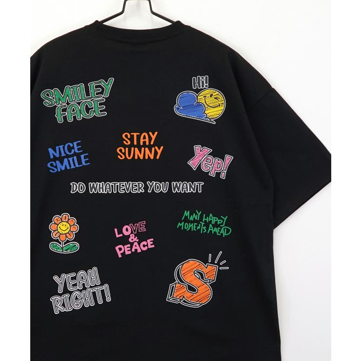 【SMILEY FACE】Tシャツ半袖 ｵｰﾊﾞｰｻｲｽﾞ 刺繍 ポケット ﾊﾞｯｸﾌﾟﾘﾝﾄ スマイル　＃グラフィック Tシャツ