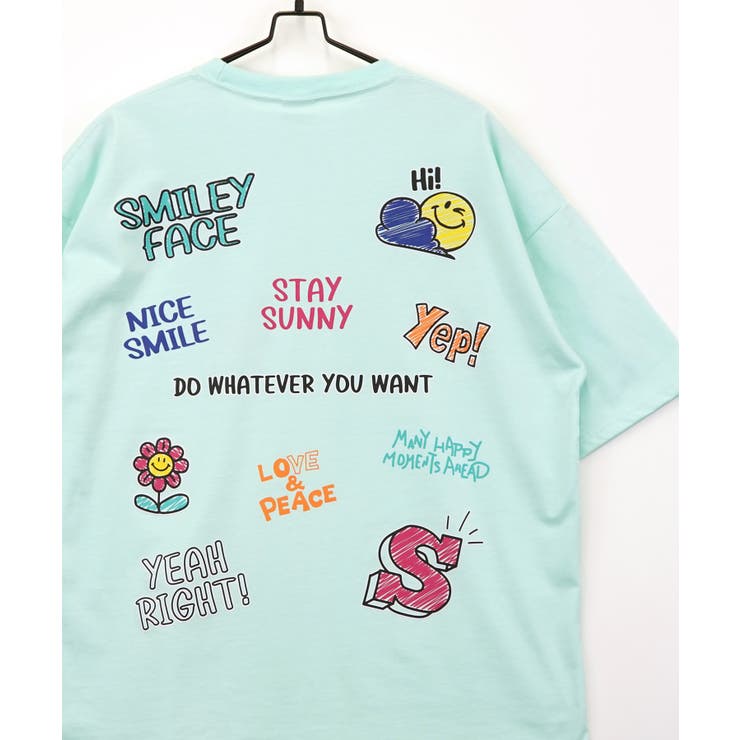 【SMILEY FACE】Tシャツ半袖 ｵｰﾊﾞｰｻｲｽﾞ 刺繍 ポケット ﾊﾞｯｸﾌﾟﾘﾝﾄ スマイル　＃グラフィック Tシャツ