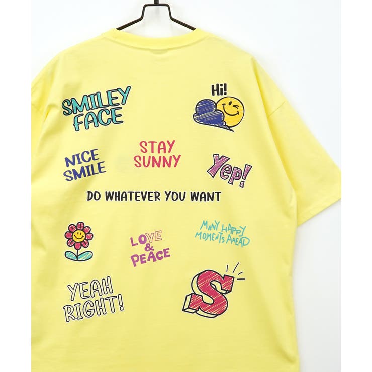 【SMILEY FACE】Tシャツ半袖 ｵｰﾊﾞｰｻｲｽﾞ 刺繍 ポケット ﾊﾞｯｸﾌﾟﾘﾝﾄ スマイル　＃グラフィック Tシャツ