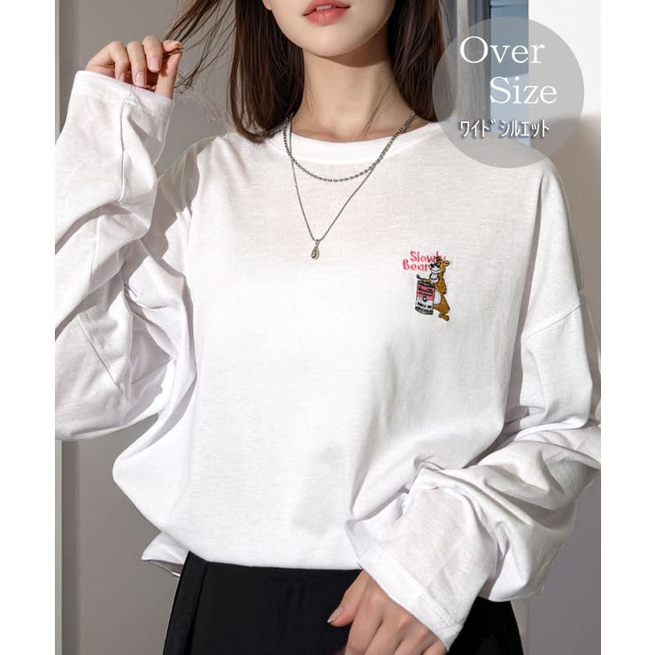 ホワイト12625036-9 | ゆったり 着やすい ルーズシルエット 刺繍ワンポイント ロンT  | GROOVY STORE