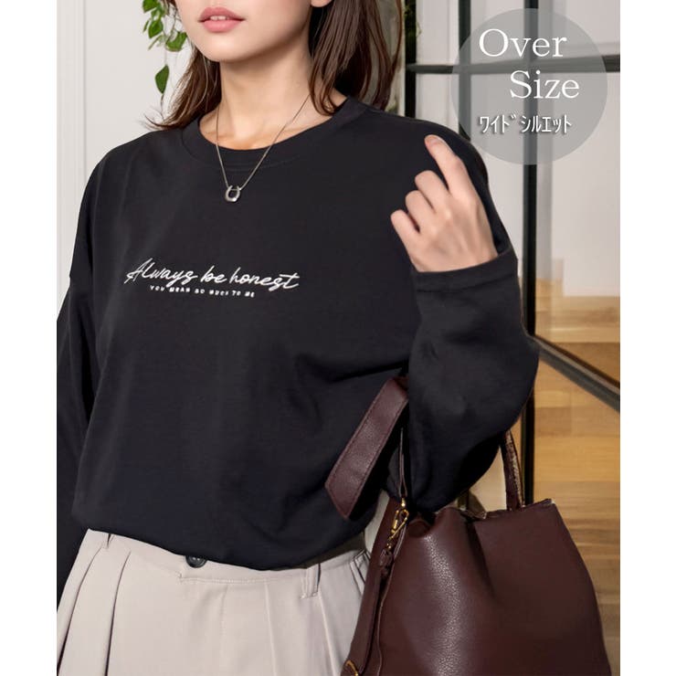 ブラック系12535036-3 | ゆったり 着やすい ルーズシルエット 刺繍ワンポイント ロンT  | GROOVY STORE
