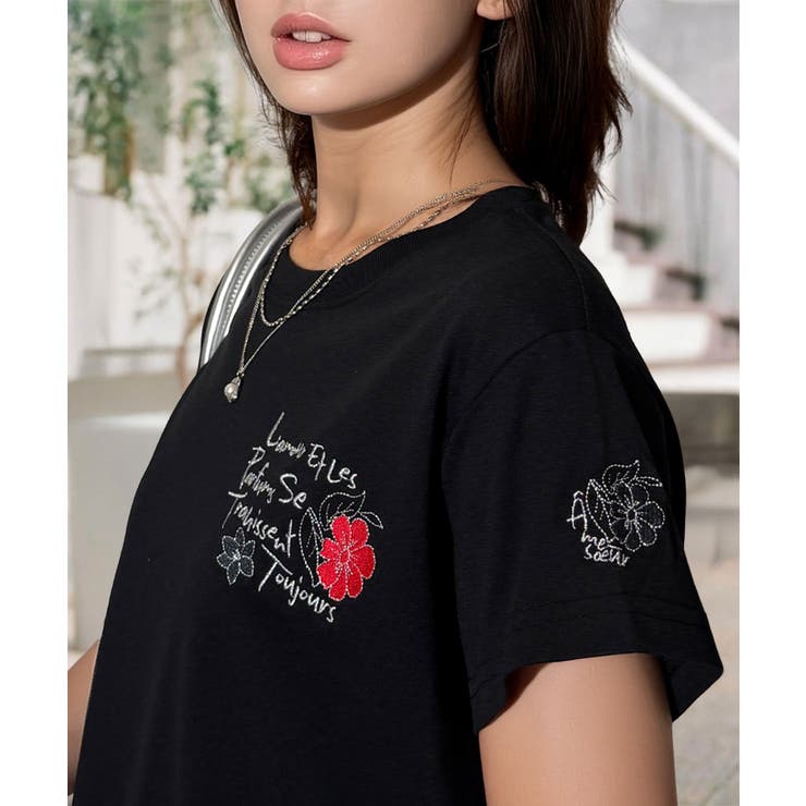 刺繍】ワンポイント Tシャツ半袖 グラフィック フラワー ロゴ 袖刺繍