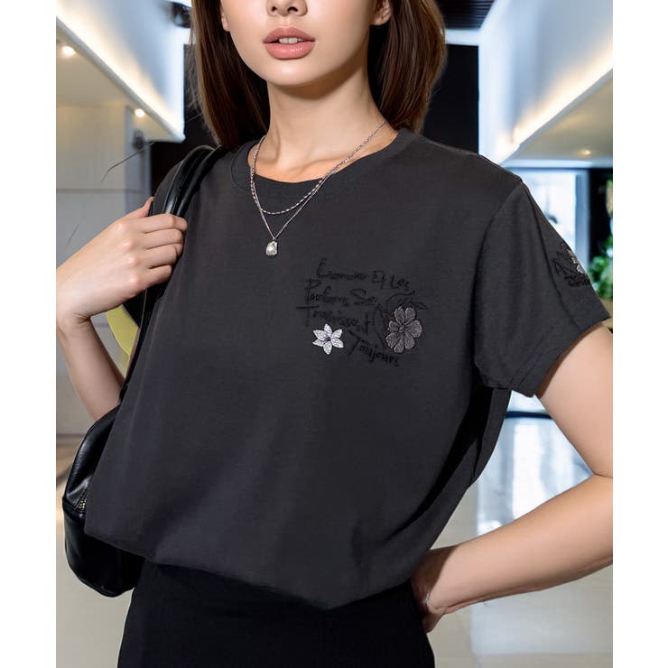 刺繍】ワンポイント Tシャツ半袖 グラフィック フラワー ロゴ 袖刺繍