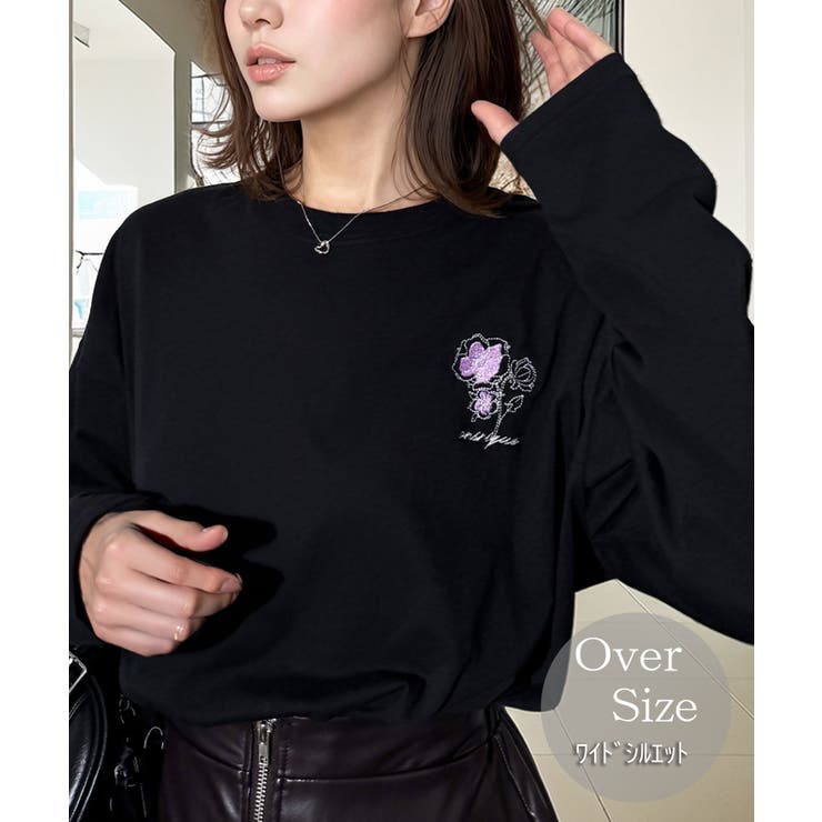 ブラック系12535037-7 | ゆったり 着やすい ルーズシルエット 刺繍ワンポイント ロンT  | GROOVY STORE