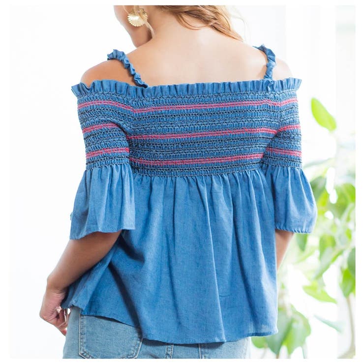 春夏][トップス]ダンガリーシャーリング刺繍オフショルダーチュニック