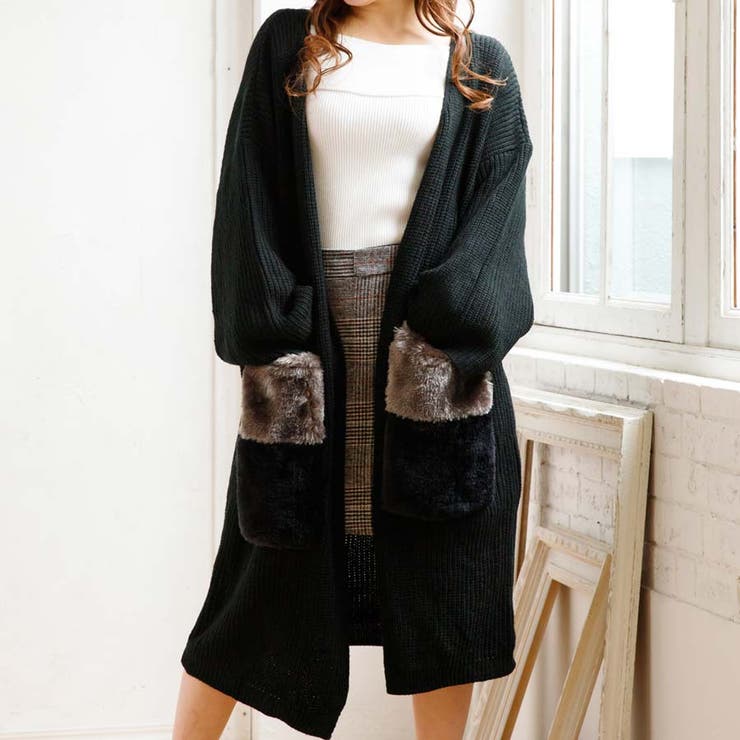 BIGファーポケットロングニットカーディガン[品番：GW000002684