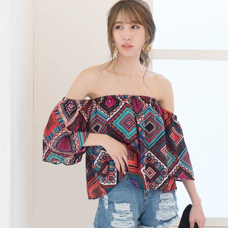 イシハラ　Blumarine 花柄オフショルダー長袖トップス シフォンブラウス レディース 花柄 半袖 肩あき 可愛い