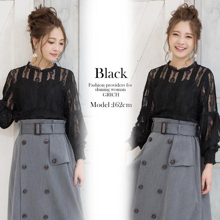 袖切り替えシースルーブラウス秋 秋服 秋色[品番：GW000003108